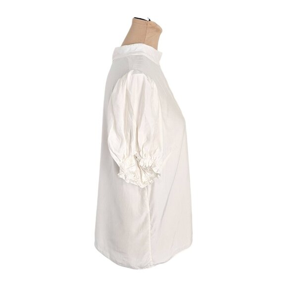 FRAME Silk Puff Sleeve High Collared Blouse w/ Keyhole Sz L - Picture 4 of 8